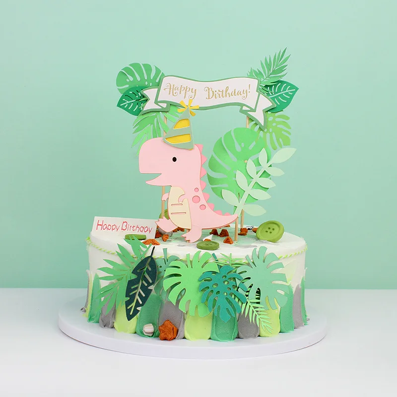 

Cute Dinosaur Green Leaf Cake Card Card Children's Day Happy Birthday Green Leaf Pull Flag Flower Arrangement