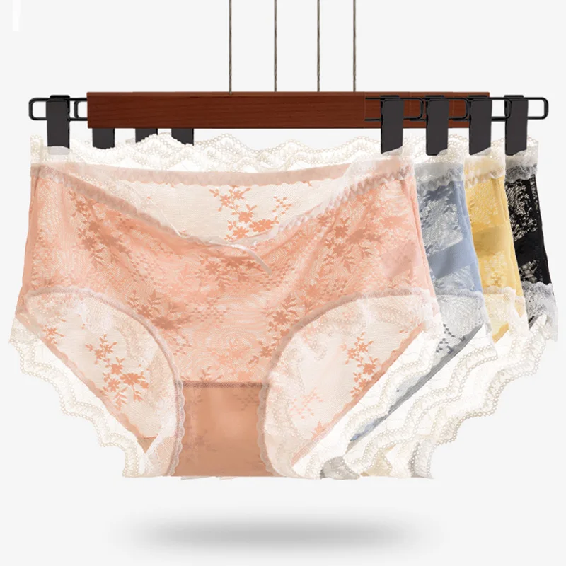 

Sexy Lace Panties Mesh Hollow Transparent Breathable Briefs Delicate Flowers Bow Butt Lift Belly Mid Waist Women's Underwear B60