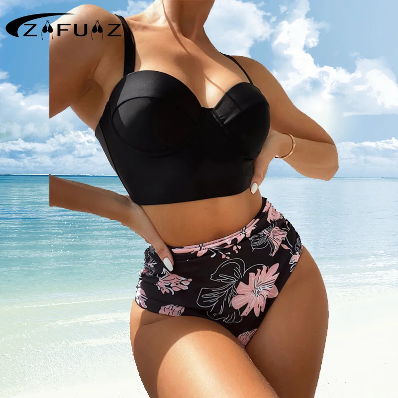 

2022 New Women's Swimsuit Sexy Push Up Bikini Set High Waisted Floral Print Underwire Swimwear Summer Bathing Suit Beachwear