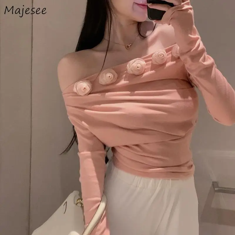 

Slash Neck T-shirts Women Slim 3D Decoration Aesthetic Hotsweet Gentle Office Lady Vintage French Style Leisure Designed Tops