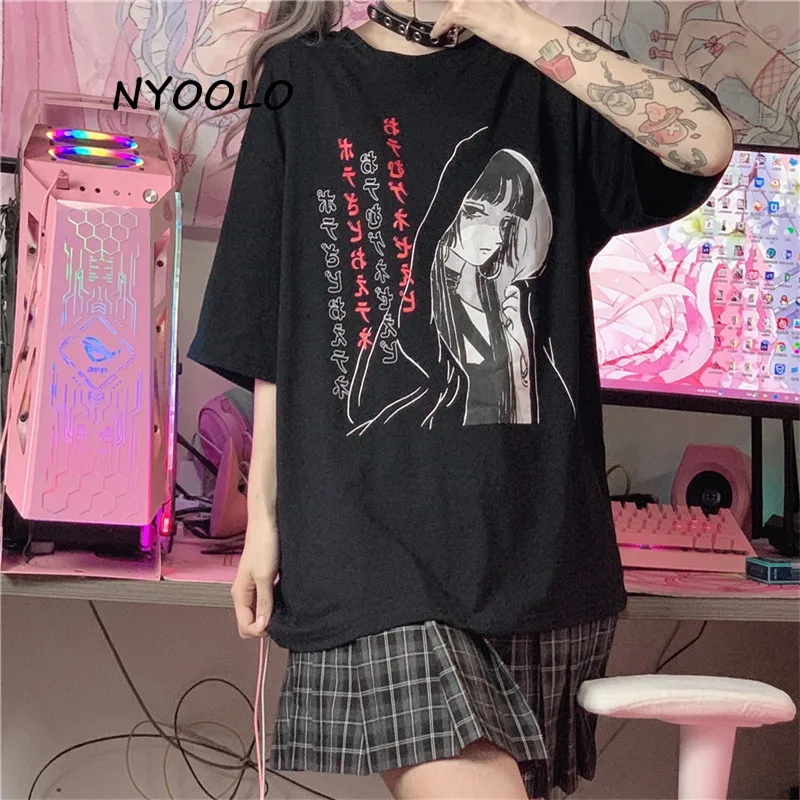 

NYOOLO Japan Style Harajuku Comic Cartoon Girl Letters Print Short Sleeve Oversized T-Shirt Women Cloth 2022 Summer Hip Hop Tops