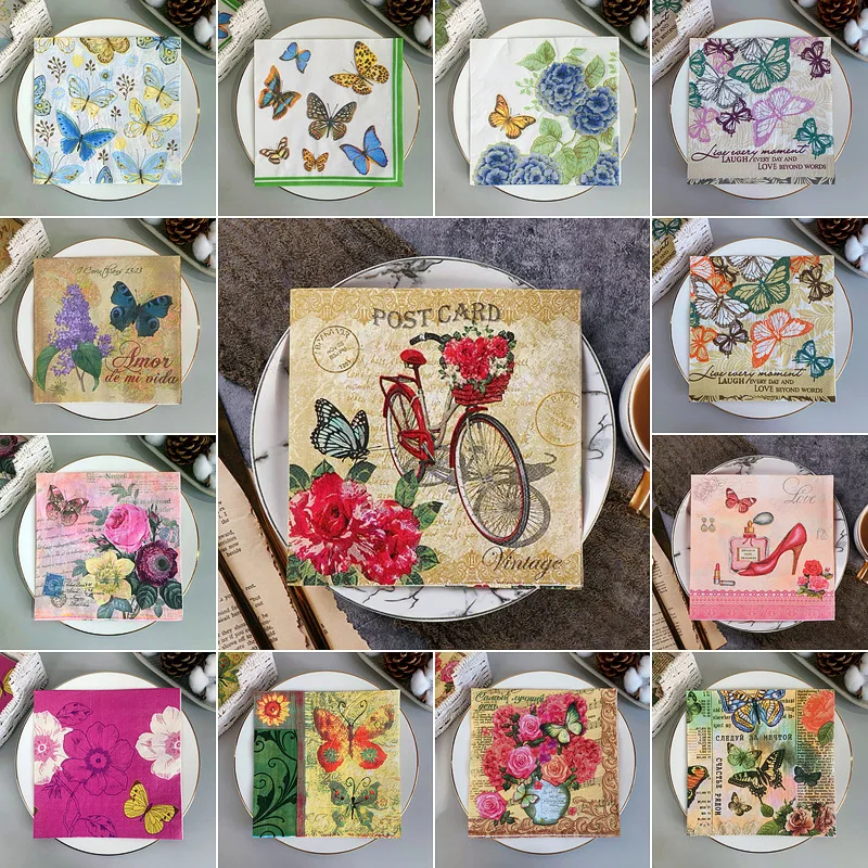 

20Pcs/6Pcs Mix Butterfly Flower Decoupage Paper Napkins Vintage Paper Tissues for Party Tableware Wedding Xmas Festival Supplies