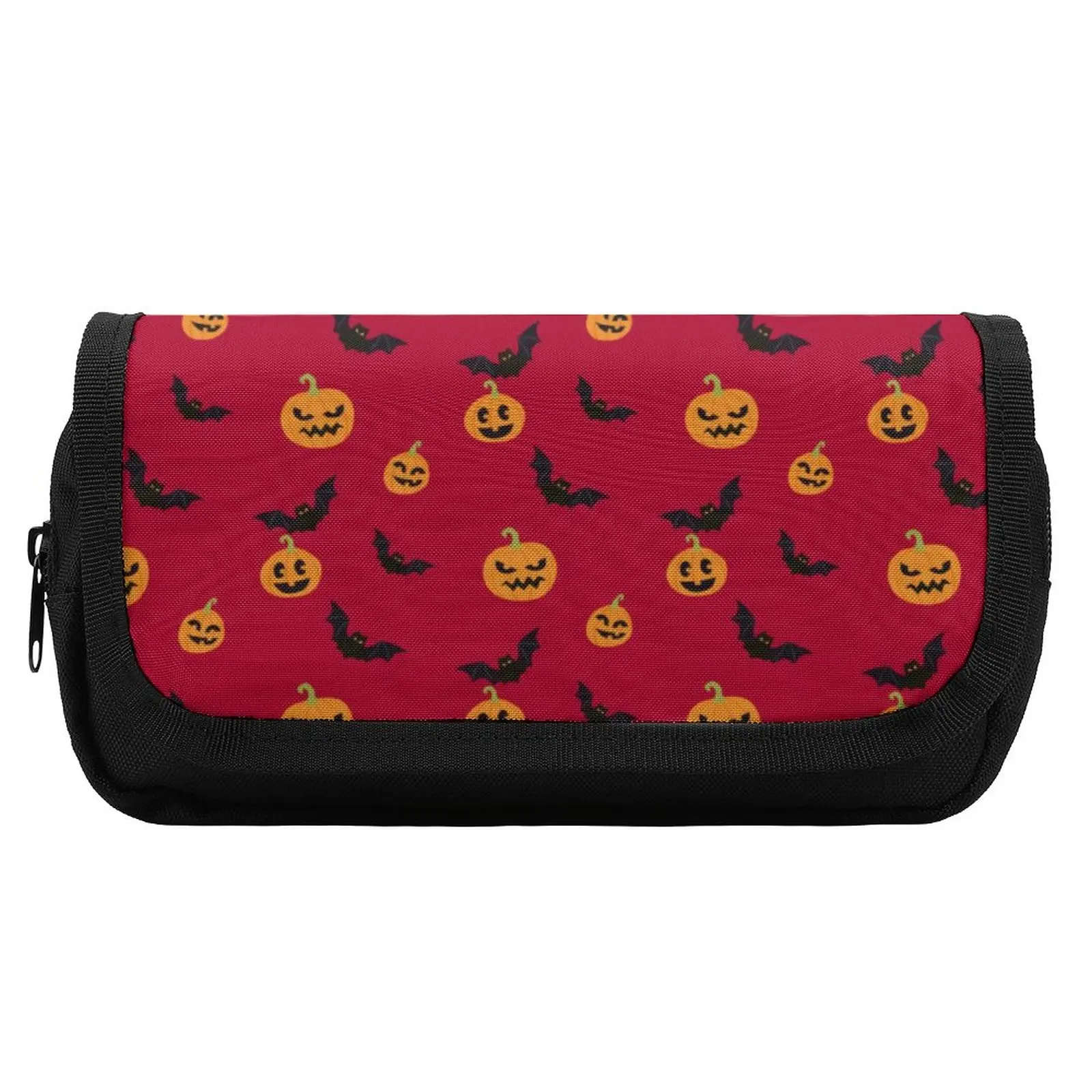 Halloween Pencil Case Red Pumpkin and Bat Large Capacity Double Pockets Pencil Box Teenager Cool Pen Organizer