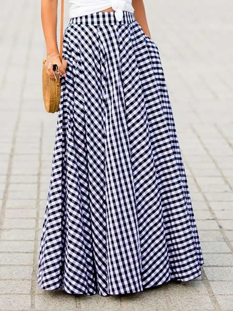 

Women Long Skirts Spring Plaid Cherk Skirts ZANZEA 2022 High-Waisted Holiday Maxi Skirts Vintage Retro Baggy Zip Up Skirt Bottom