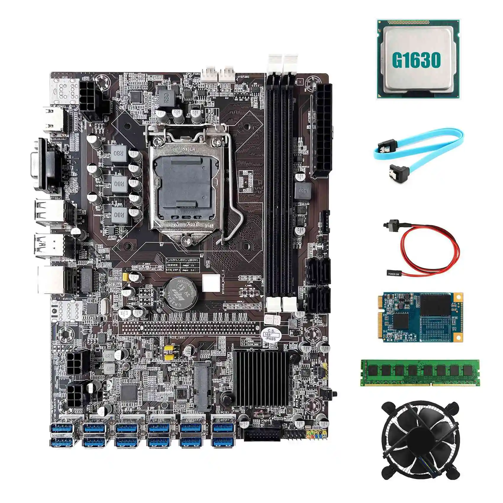 

B75 ETH Mining Motherboard 12XPCIE to USB+G1630 CPU+DDR3 4GB RAM+64G SSD+Fan+SATA Cable+Switch Cable LGA1155 Motherboard