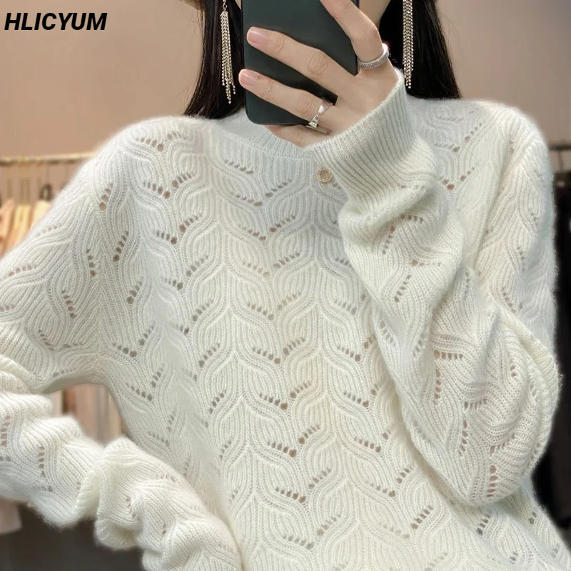 

Cashmere Sweater Autumn/Winter Women's Tops Casual Thickened Pullover Overside Knitwear Loose 100% Wool Crew Neck Hollow Blouse