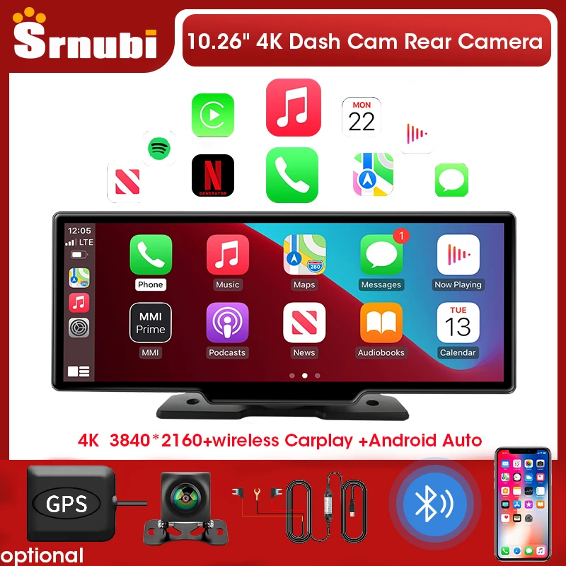 

Srnubi 10.26" 4K Dash Cam Rearview Mirror Camera Wifi Wireless Carplay Android Auto Dual Lens Car DVR Recorder GPS 24H Park AUX