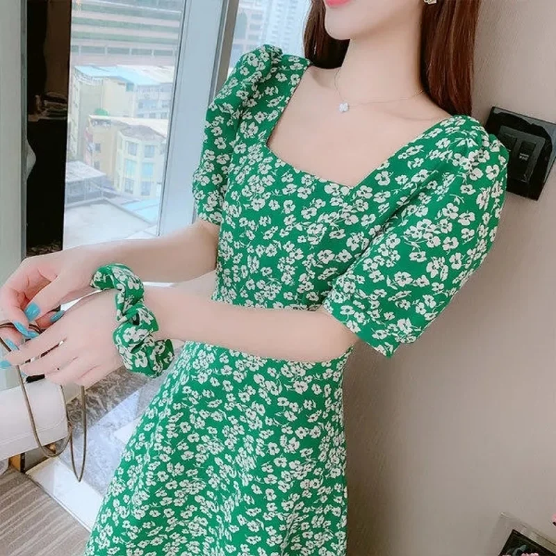 

Sweet Square Collar Ladies Green Floral Print Dress Women Cute Fashion Korean Short Sleeve Summer Vintage Midi Dresses Vestido