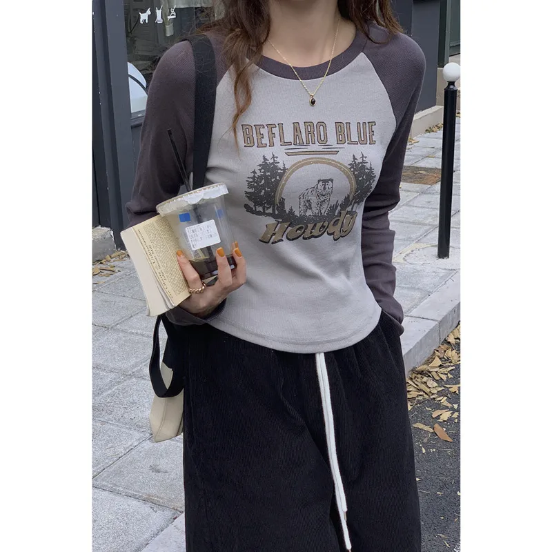 

Vintage Print Long Sleeve Women T-shirt Autumn New Y2K Round Neck Raglan Sleeve Slim Short Cotton Tops 94% Cotton 2022