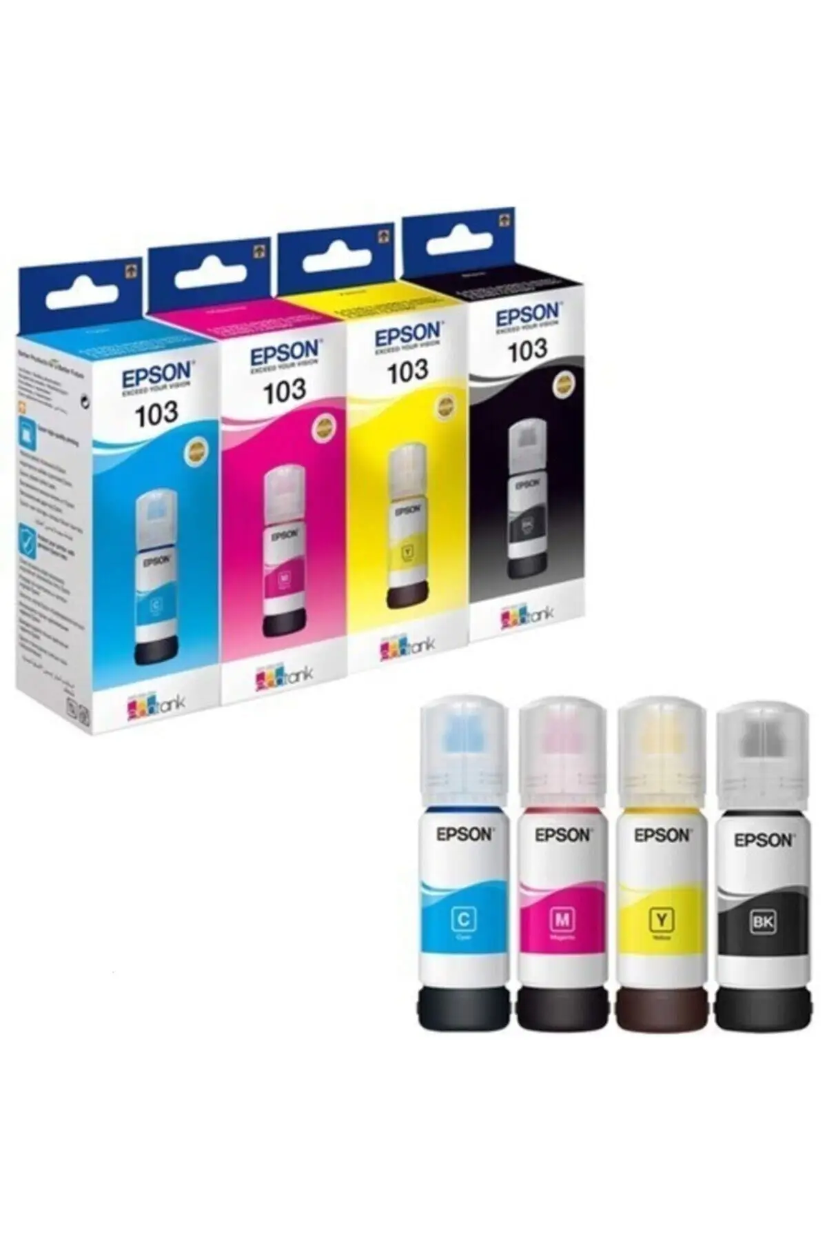 

Epson 103 Ecotank 65 Ml 4 Color Box High Print Quality, Black, Cyan, magenta and Yellow Ink Set, Advantageous Package