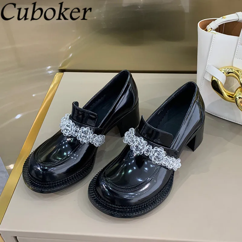 

Spring Patent Leather Mary Jeans Women Pumps Slip On Round Toe Sweet Heels Women Shoes Casual Designer Shoes High Heels Feminina