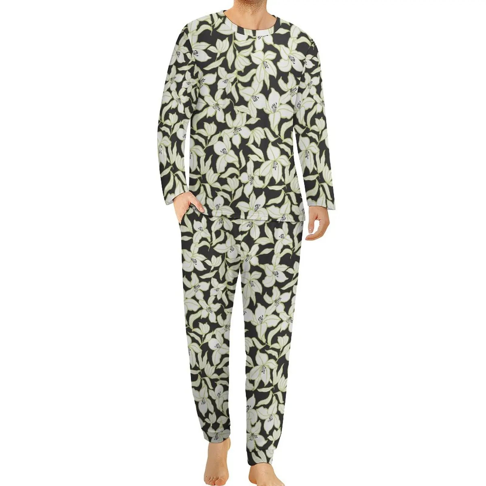 

Elegant Floral Pajamas Autumn 2 Pieces Flowers Print Elegant Pajama Sets Men Long Sleeve Night Printed Sleepwear Big Size
