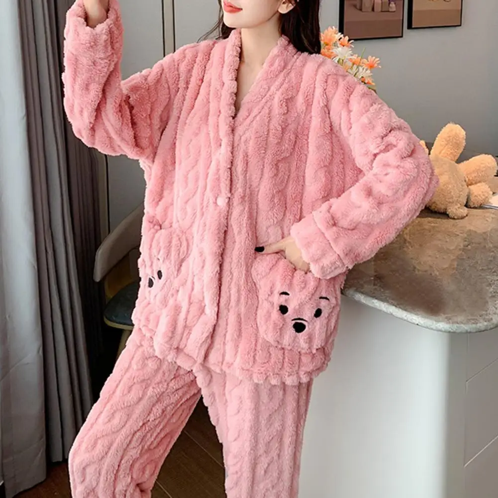 

1 Set Women Pajama Set Solid Color Twist Pattern Bear Long Sleeve V Neck Coldproof Flannel Loose Single Breasted Sleepwear Set