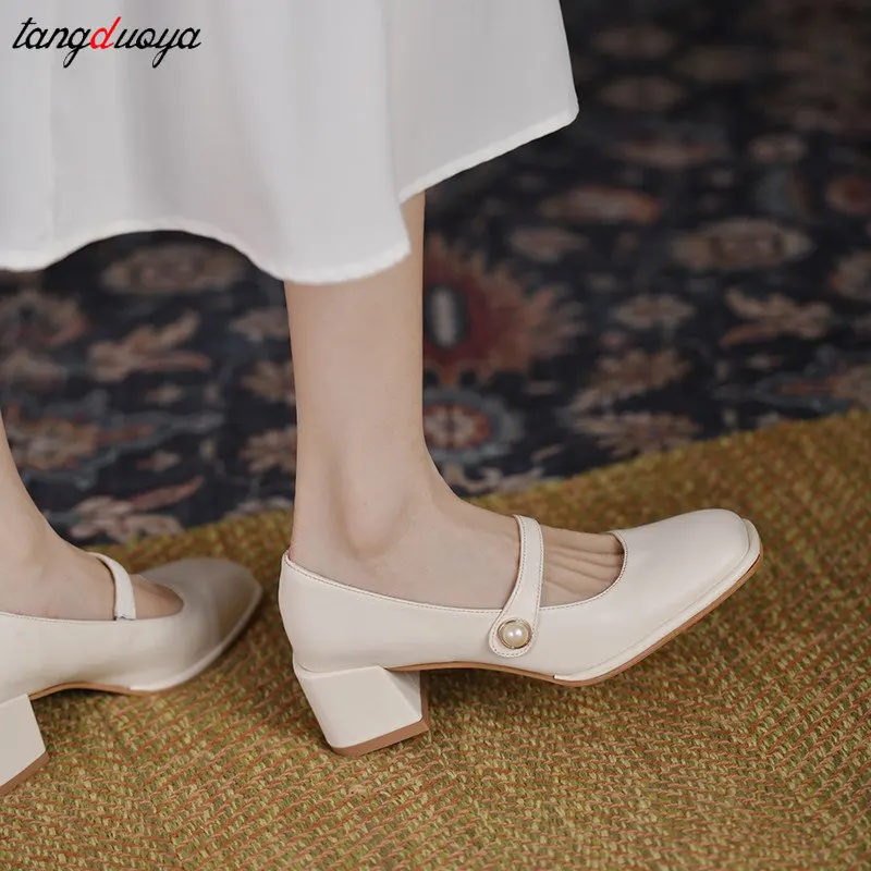 

Woman High Heel Shoes Square Heels Round Toe Mary Janes Pumps Buckle Strap Black Brown Handmade Elegant Lady Shoes 2022 New