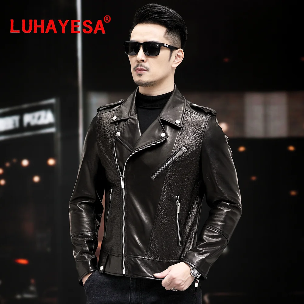 

2022 Motorcycle Slim Black Genuine Leather Semi Vegetable Tanning Goat Skin Clothing Men Casual Daily Good Quality 100% Real