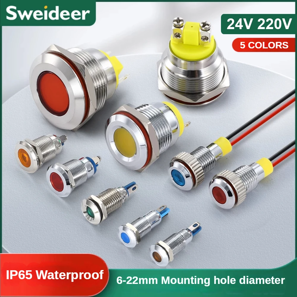 

LED Metal Indicator Light Waterproof 6/8/10/12/16/19mm Signal Lamp with Wire 24V 220V Red/Yellow/Blue/ Green/White Metal Button
