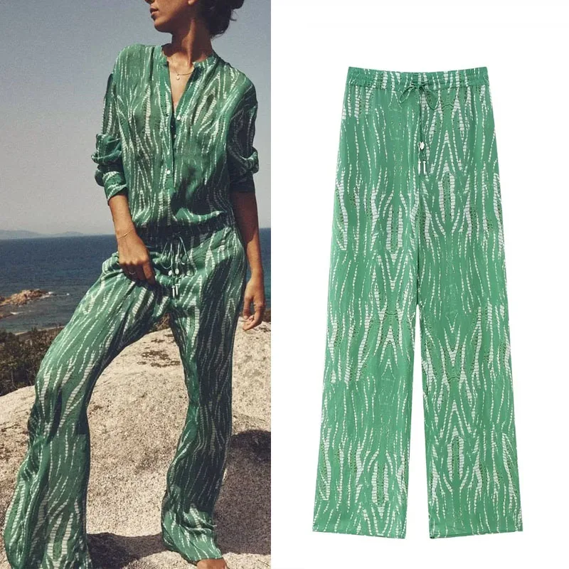 

Брюки TRAF женские с принтом, модные зеленые штаны со средней посадкой, винтажные повседневные брюки с эластичным поясом, женская одежда, лето 2023