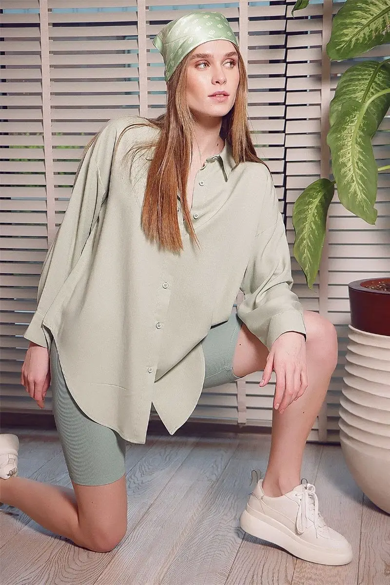 

Модный способ коллекционирования Женская Мятная длинная тканая рубашка оверсайз