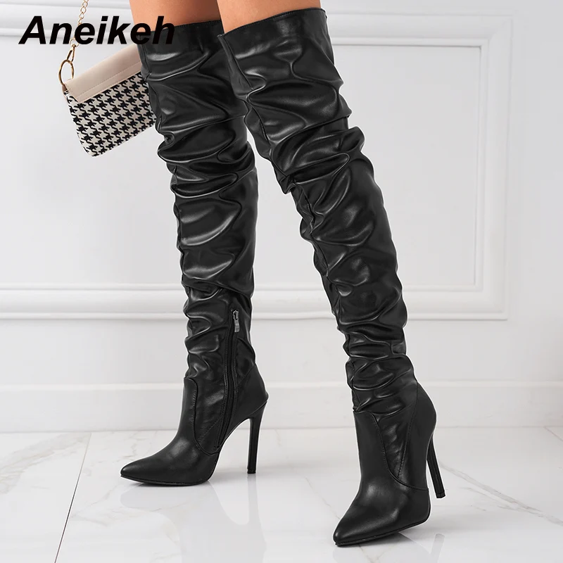 

Aneikeh 2023 NEW Women's Winter Over the Knee Boots Pointed Toe Sider Zipper Pleated Thin High Heels Fashion Party Shoes White