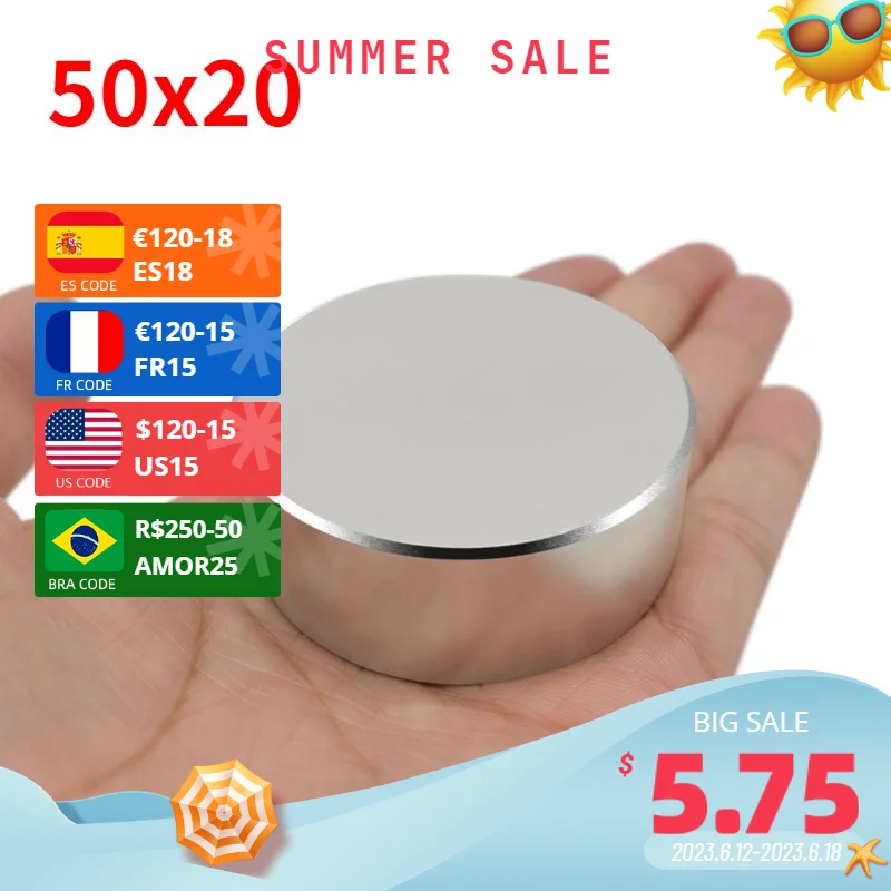 Недимиевый магнит 1шт. Диаметр 40-60мм. Суперсильный круглый редкоземельный магнит NdFeb. Самый мощный постоянный сильный иман.