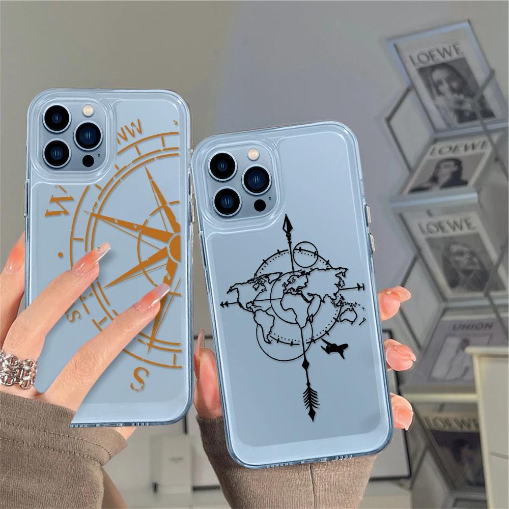 

World Map Compass Clear Phone Case for iPhone 14 13 12 11 Pro Max Mini XS XR X Shell Back Cover for iPhone14promax Capa Fundas