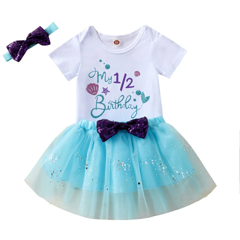 

3 Pcs Infant Casual Outfits, Shell & Letter Print Short Sleeve Round Neck Bodysuit + Sequin Tulle Skirt with Bow + Headband