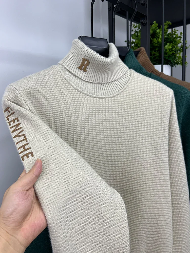 Мужской пуловер из шерсти с вышивкой бархатный свитшот высоким воротом толстый