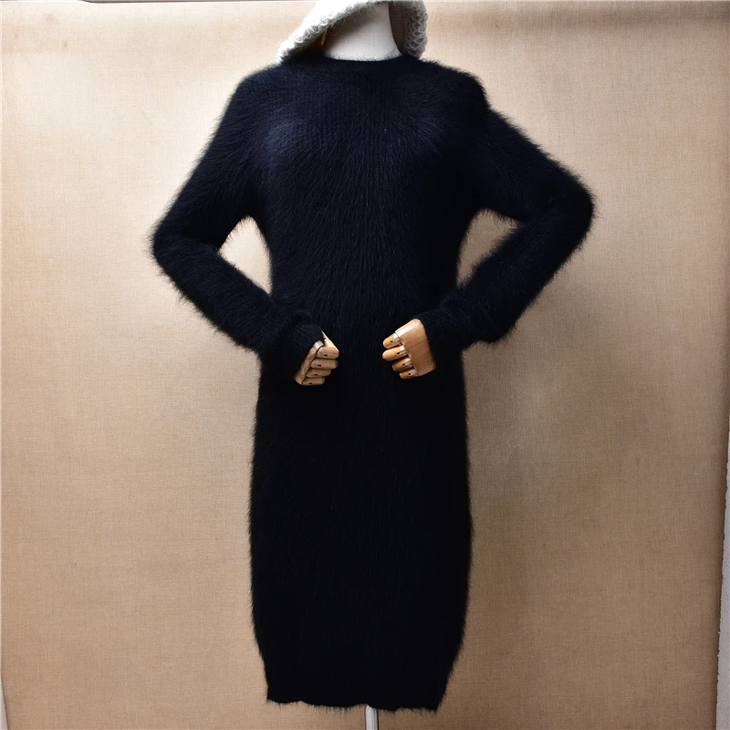 

Женская осенне-зимняя одежда, черная пушистая норковая кашемировая трикотажная одежда с круглым вырезом и длинными рукавами, облегающее длинное платье-свитер из ангоры