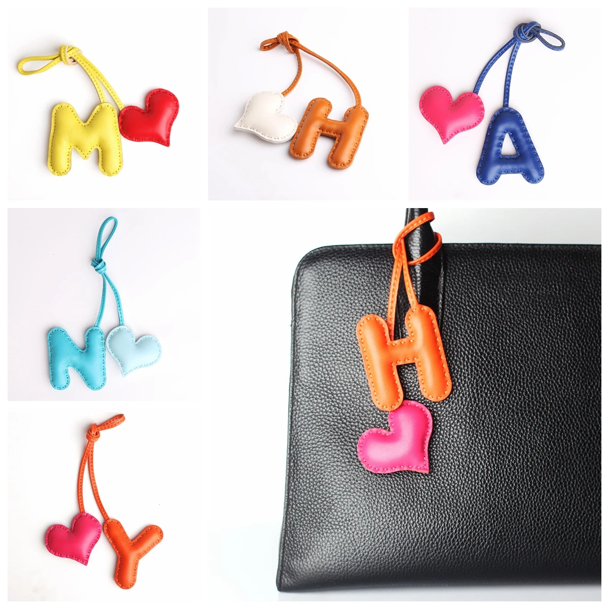 

M H W A Y N F Heart Luxury Genuine Leather English Letter Keychain For Car Pendant Key Chain Women Bag Charm Accessories
