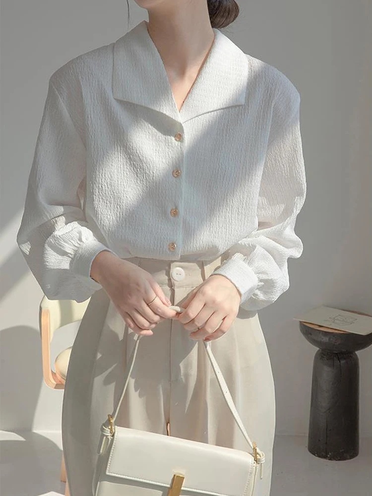 New White Women Shirts French Loose Long Sleeve Blouse Button Down Woman Tops 2022 Spring and Summer