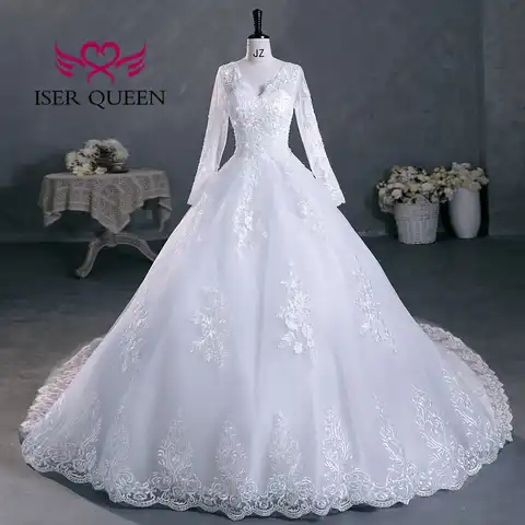 V neck Long Sleeves Lace Appliques Vintage Wedding Dress For Women New White Color Plus Size Real Photo Bride Dresses WX0297