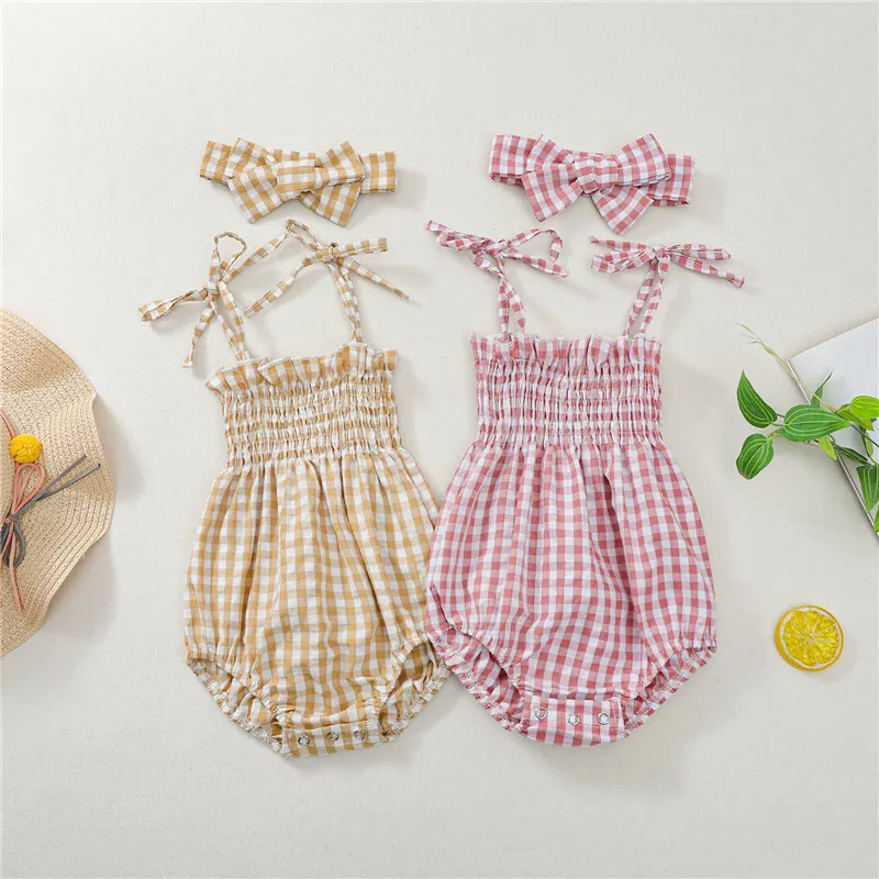 

Newborn Infant Baby Girls Summer Clothes Sleeveless Belt Plaid Bodysuits Jumpsuits Headband Toddler Girls Casual Soft Outfits