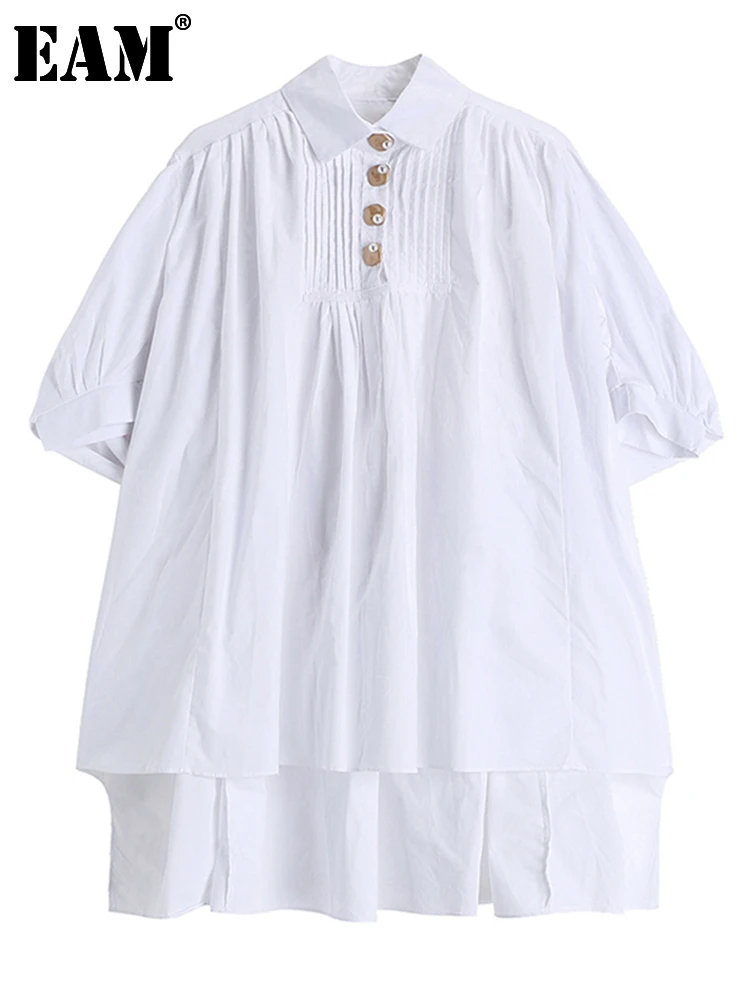 

[EAM] Women White Bandage Spliced Big Size Blouse New Lapel Short Sleeve Loose Fit Shirt Fashion Tide Spring Summer 2022 1DE0728