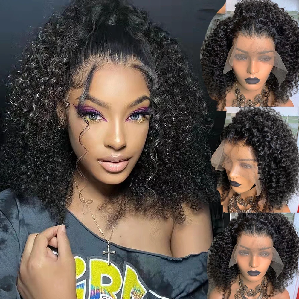 

14inch Kinky Curly Natural Black Short Bob Soft Glueless 180% Density Lace Front Wig For Women With Babyhair Pre Plucked Daily