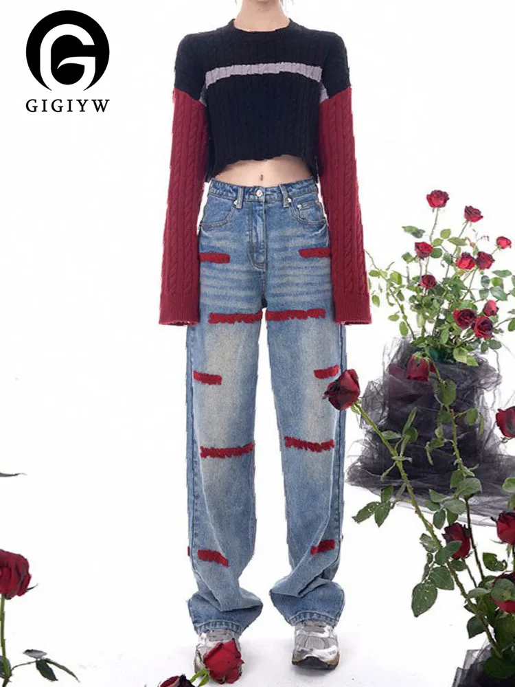 

Женские длинные джинсы GIGIYW, тонкие и универсальные прямые джинсы с стереоскопической вышивкой, новинка осенне-зимнего сезона 2022
