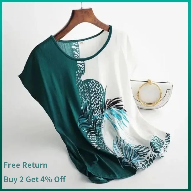 

Batwing Sleeve O Neck Silk Satin Blouse Casual Work Blusas Elegant Women Plant Graphic Shirts Summer Trendy Tops Soft Tee
