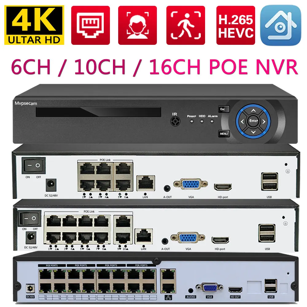 H.265+ 16CH 48V POE NVR For IP Security Surveillance Camera CCTV System 5MP 8MP 4K Audio Video Recorder Face Detect Network P2P