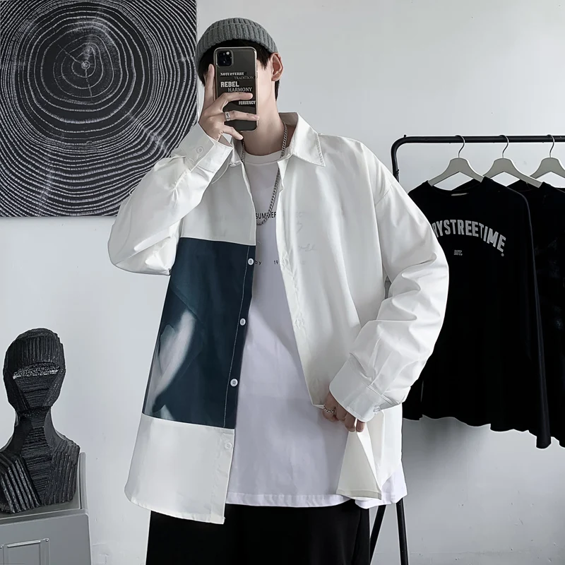 Shirts Men Autumn Japanese Casual Basic Loose Simple Patchwork Fashion Classic Teens BF Handsome Chemise Retro Homme All-match