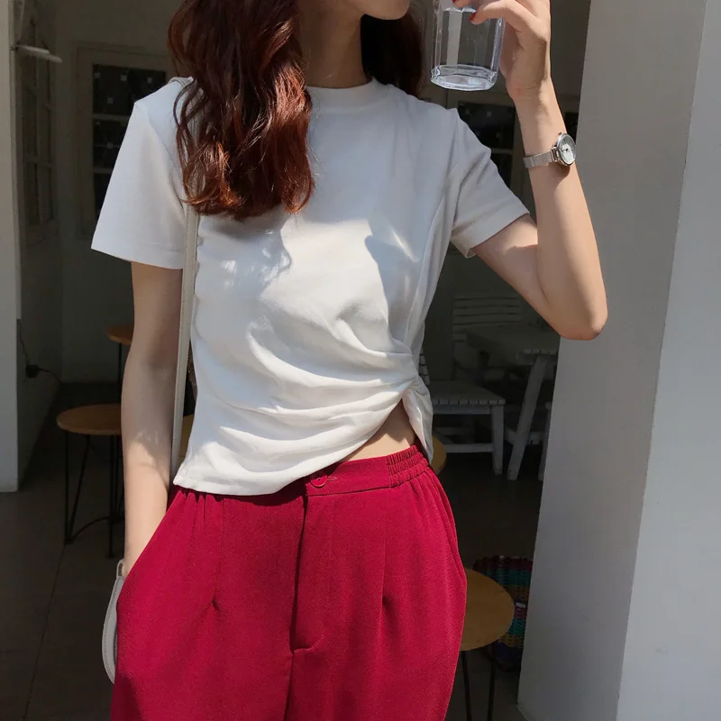 

100% cotton summer new casual solid color round neck top grey