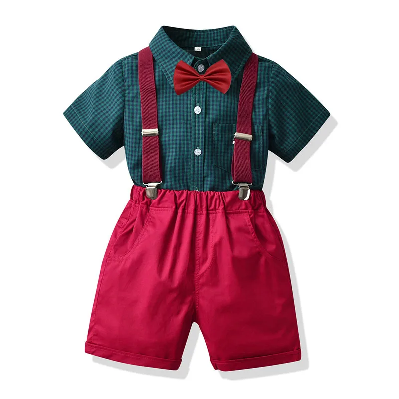 

Костюм Джентльмена для маленьких мальчиков, летняя Клетчатая рубашка с галстуком-бабочкой + шорты на бретелях, красивые официальные компле...