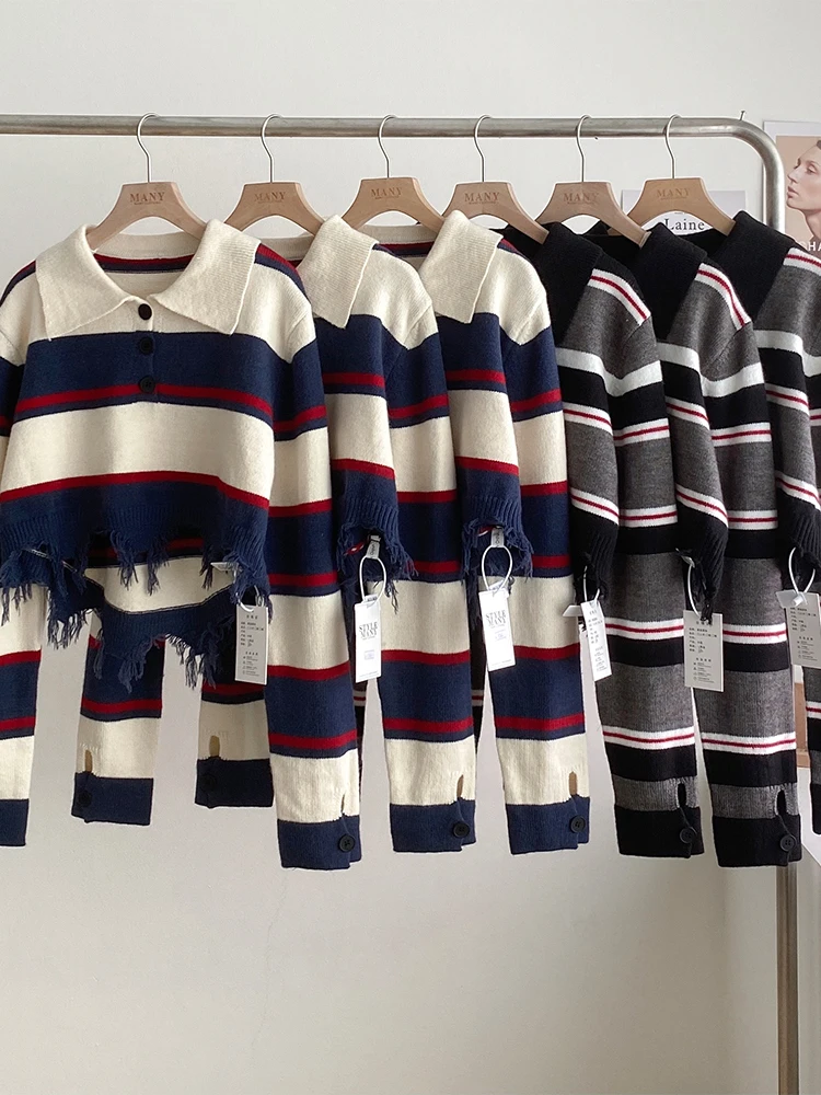 

Женский трикотажный пуловер в полоску, с длинным рукавом и лацканами