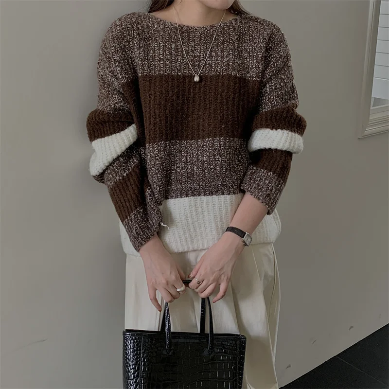 FINEWORDS Vintage Easymatch Winter Striped Knitted Sweater Women Loose Streetwear Pullover Korean Long Sleeve Casual Jumper