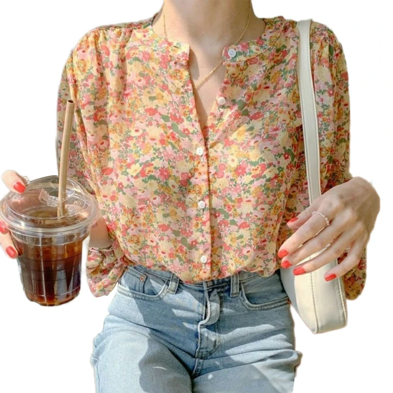 

CPDD Women's Casual Boho Floral Print O Neck Long Sleeve Stylish Tops Loose Blouses