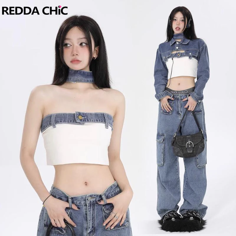 

Женский укороченный корсет REDDACHiC, топ с чокером, комплект из двух предметов Y2k, джинсовая майка-бюстье с открытой спиной в стиле пэчворк, летняя женская уличная одежда