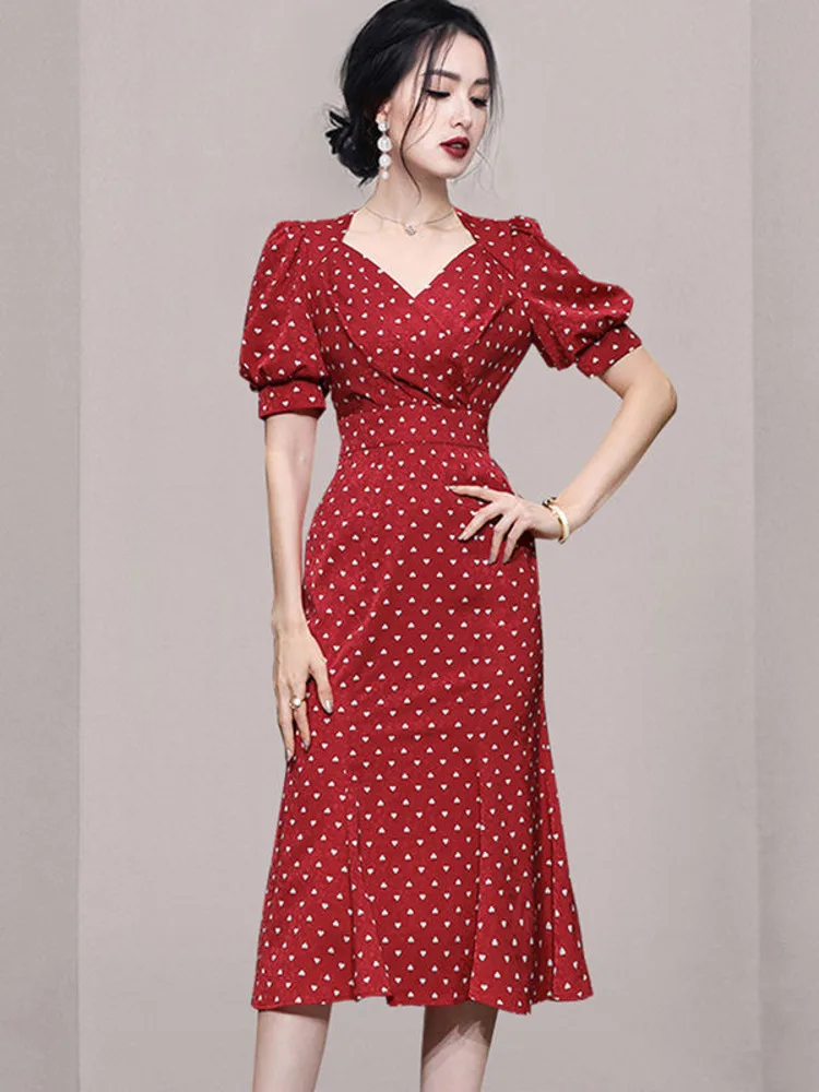 

Summer Women Elegant Dress New Korean Temperament Fashion Retro V-neck Lantern Sleeve Waist Closing Printed Fishtail Dress