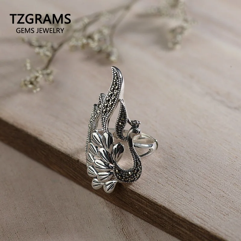 Authentic 925 Sterling Silver Big Rings Peafowl Retro Punk Rock Women Accessories Beautiful Fine Jewelry Bague