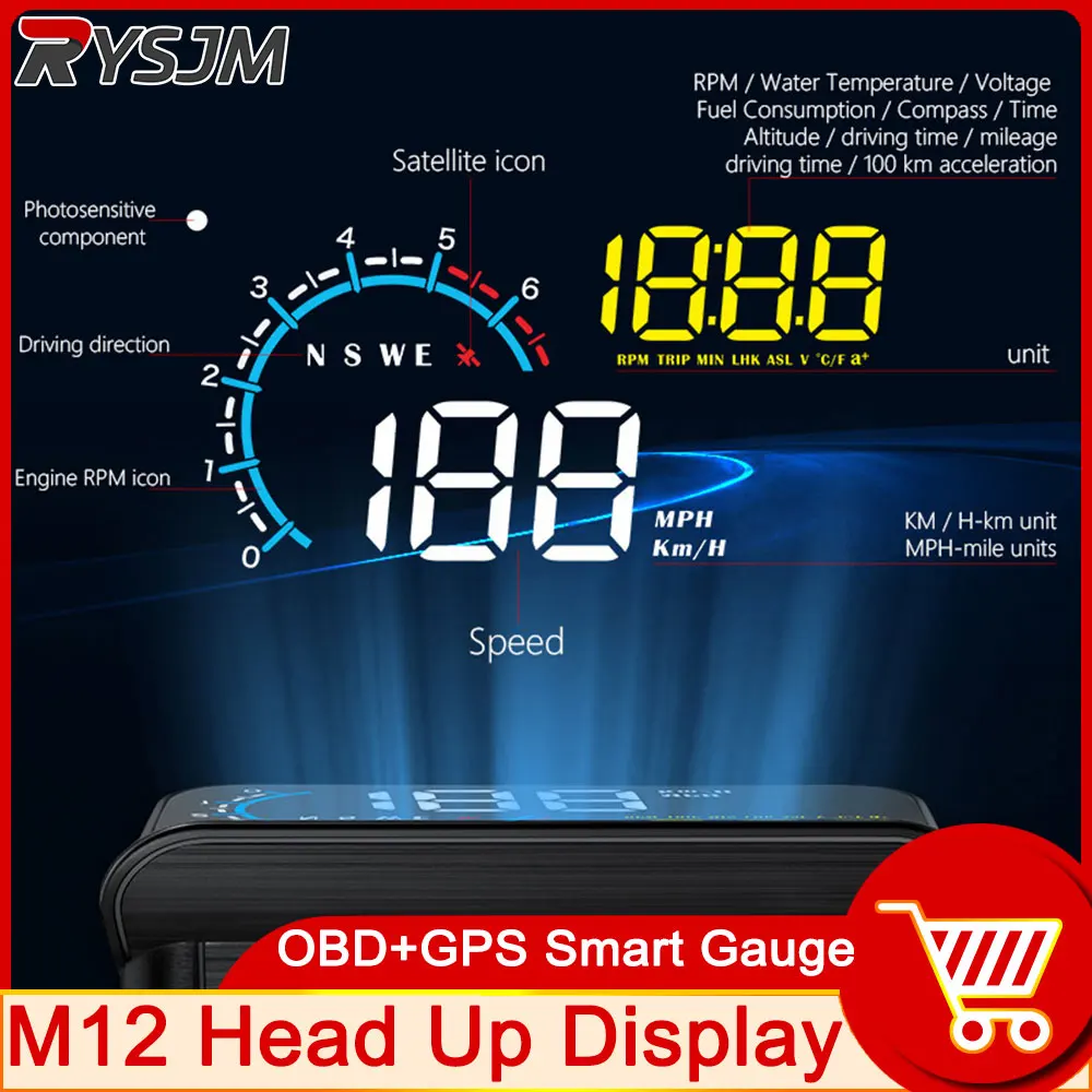 

M12 HUD Проектор на лобовое стекло OBD + GPS Универсальный проекционный дисплей Автомобильный спидометр Температура воды Об/мин Напряжение Безопасность Автоматическая сигнализация