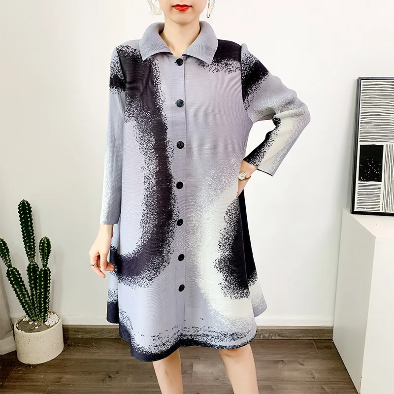 Lapel Printed  Contrast Dress 2023 Spring Single-breasted Long Sleeve Temperament Long Open Dress