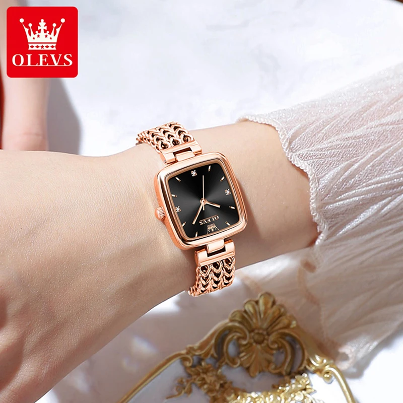 OLEVS 2023 New Casual Quartz Women Watch Fashion Rose Gold Strap Square Dial Design High Quality Women Watch 30M Waterproof 9951