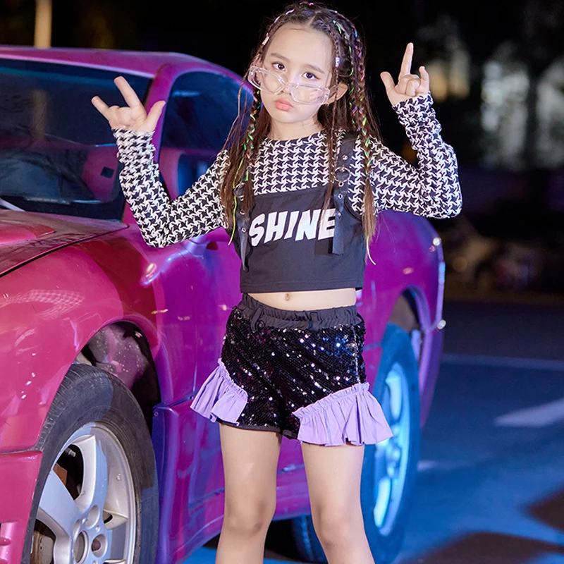 

New Children Jazz Dance Costumes Sequin Kpop Outfits For Girls Ballroom Hiphop Dance Performance Rave Clothes Streetwear DN14124